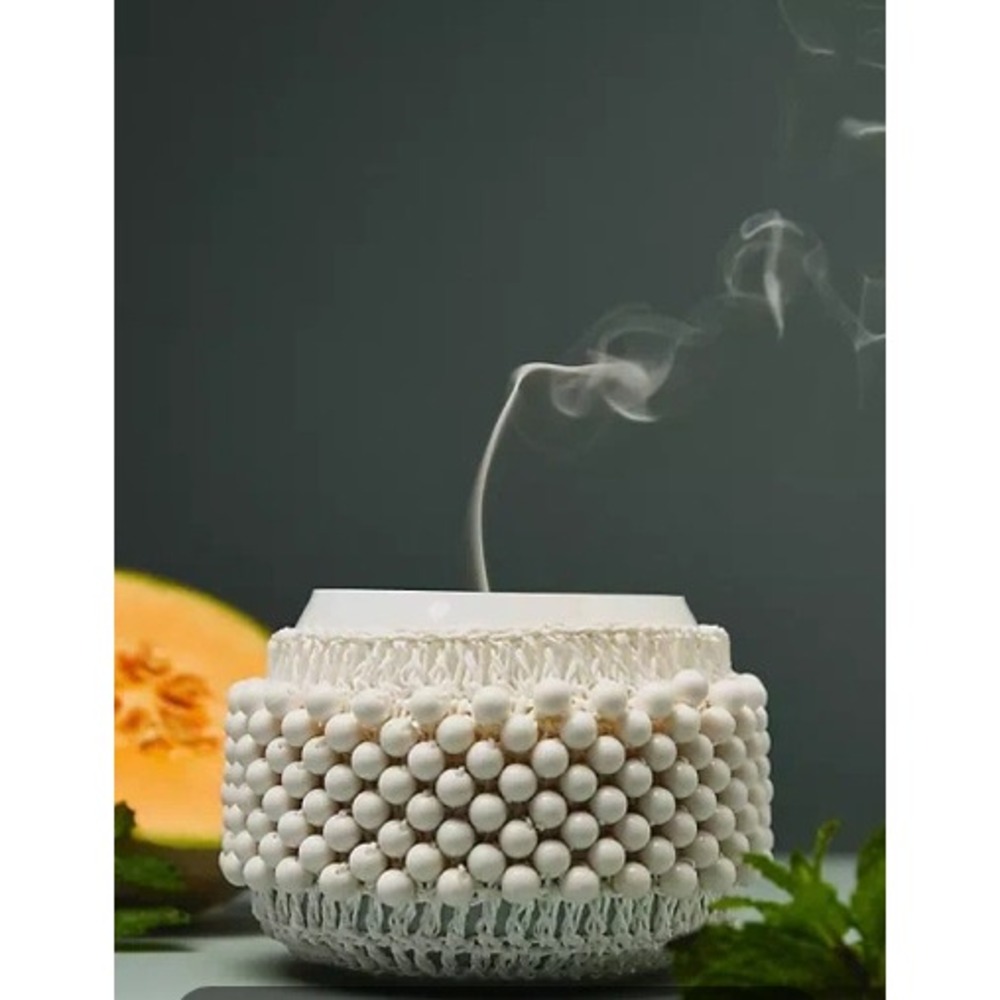 Anthropologie Gather Candle Beaded White Woven Melon & Mint Fruity Jar 30 Hours